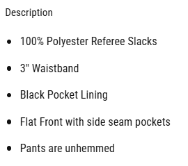 BKS287 Smitty Lightweight Flat Front Referee Pants w/ Slash Pocket